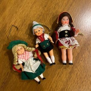 Ornament Set of Three Vintage German/Swiss Dolls in Traditional Attire